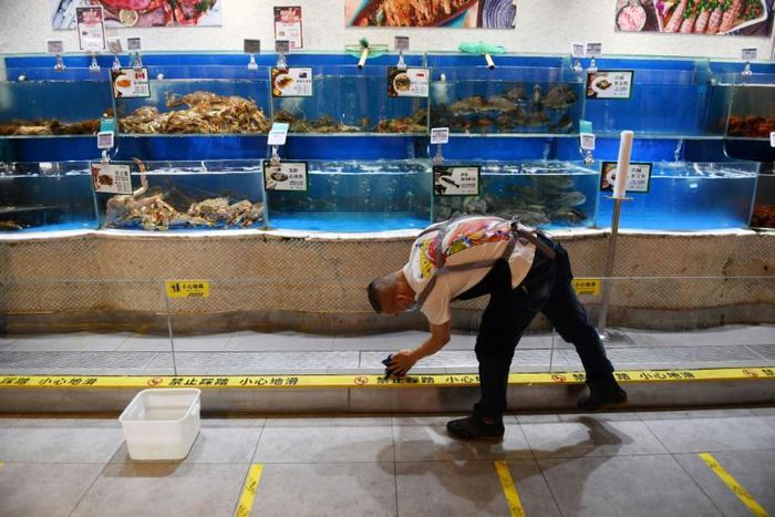 A worker cleans glass in the seafood section of a supermarket in Beijing, where a fresh coronavirus outbreak is keeping customers away