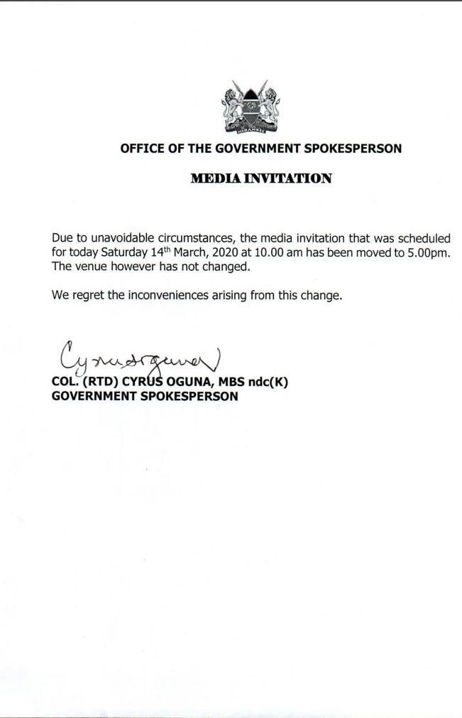 A statement announcing the postponement of the a press briefing that was initially planned for 10:00am