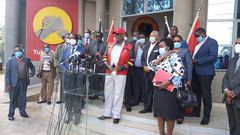 File image of David Murathe and other Jubilee party leaders addressing the press at Jubilee Party head quarters