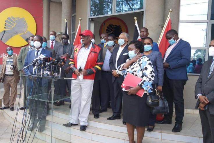 File image of David Murathe and other Jubilee party leaders addressing the press at Jubilee Party head quarters