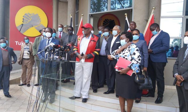 File image of David Murathe and other Jubilee party leaders addressing the press at Jubilee Party head quarters