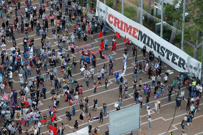Protesters gather in Tel Aviv's Rabin Square on June 6 to denounce Israel's plan to annex parts of the occupied West Bank
