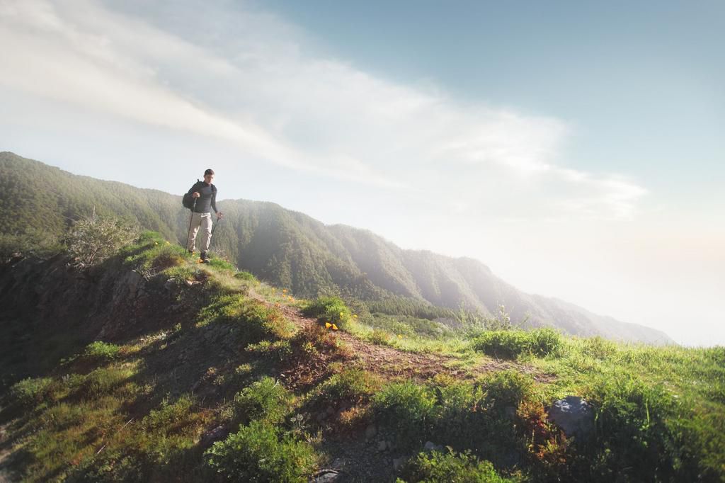 Man trekking on grassy road in mountains