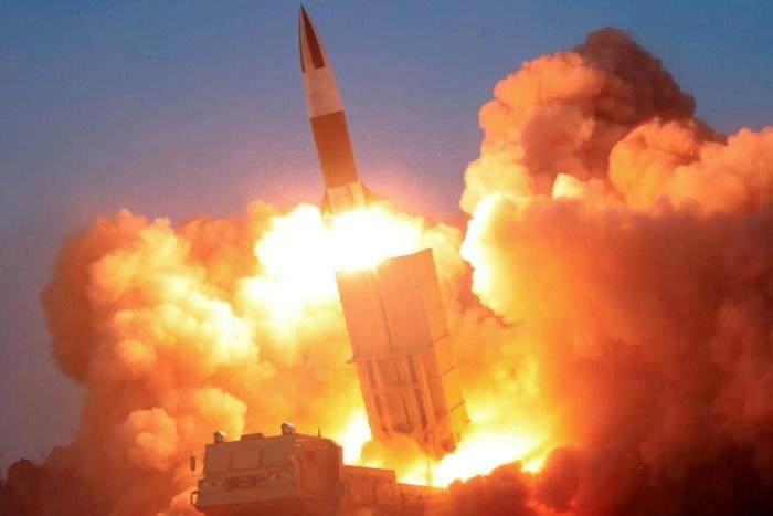 This picture taken on March 21, 2020 and released from North Korea's official Korean Central News Agency (KCNA) on  March 22, 2020 shows a demonstration fire of tactical guided weapons at an undisclosed location in North Korea