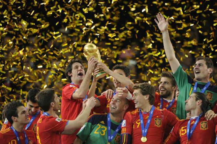 Champions: Spain celebrate their 2010 World Cup victory at Soccer City stadium in Soweto
