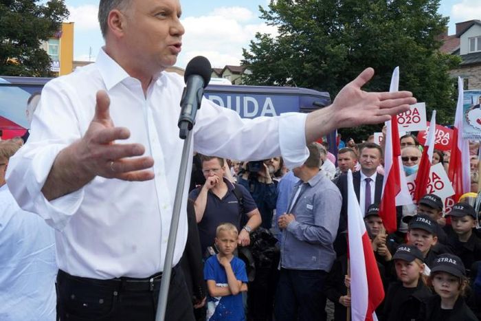 Polish President Andrzej Duda, pictured on the campaign trail on June 16, 2020, has been losing support recently