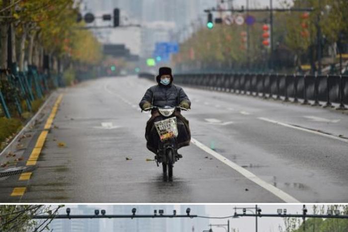This combination of two pictures taken in Wuhan shows a man riding a motorcycle on a street on January 26, and motorists on the same street on April 1