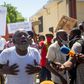 A demonstration against police brutality and alleged human rights violations on July 6, 2020, near the Ministry of Justice in Port-au-Prince.