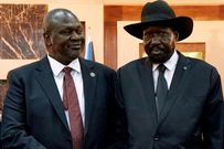 South Sudanese President Salva Kiir, right, pictured with Vice President Riek Machar at swearing-in ceremonies in February