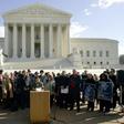Norma McCorvey (C-Podium), the Roe of Roe v. Wade, speaks on the steps of the US Supreme Court on January 18, 2005 after petitioning the court to reverse its landmark decision that granted women the right to an abortion