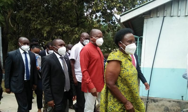 Health CS Mutahi kagwe (in red shirt) together with Ministry of Health officials during an official visit to Makueni County to assess Covid-19 preparedness