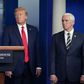Director of the National Institute of Allergy and Infectious Diseases Anthony Fauci, flanked by US President Donald Trump and US Vice President Mike Pence, speaks during a task force briefing in late April