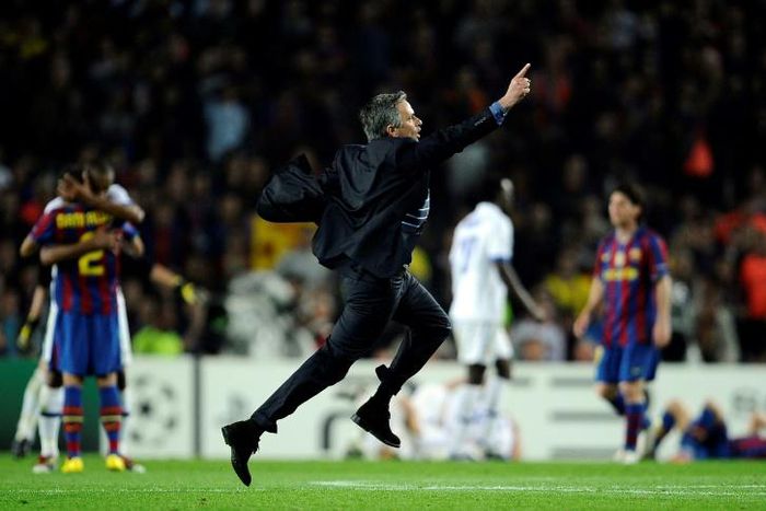 Jose Mourinho celebrated on the pitch at the Cam Nou after Inter Milan eliminated Barcelona in the 2010 Champions League semi-final