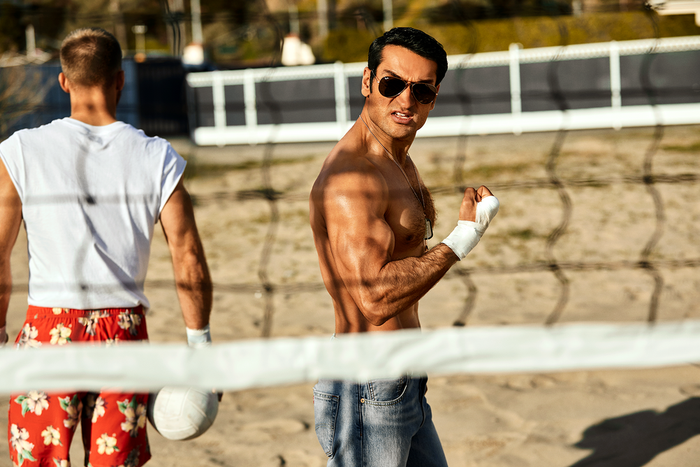 Maverick Baller- Nanjiani jumped at the chance to re-create Top Guns epic beach-volleyball scene. "Tom Cruise has such an iconic look with the aviators," he says. "There are are so few movie stars left, and Toms stayed an action starhes ...