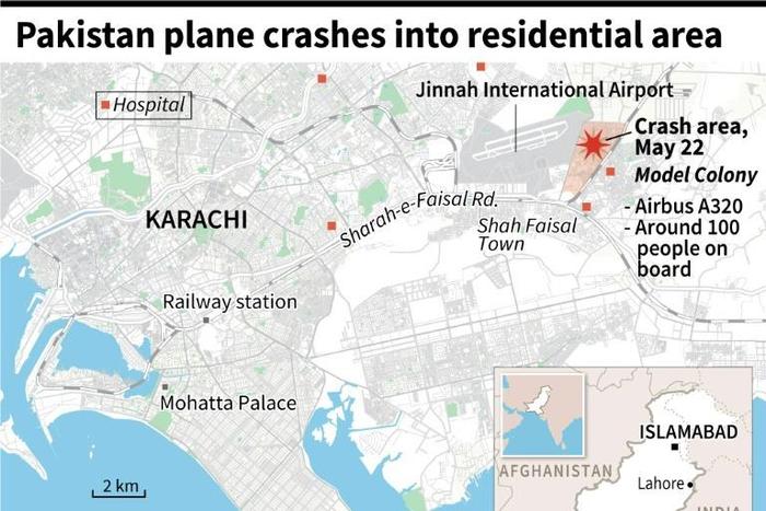 Close-up map of Karachi in Pakistan locating the crash area of a plane carrying around 100 people on Friday.