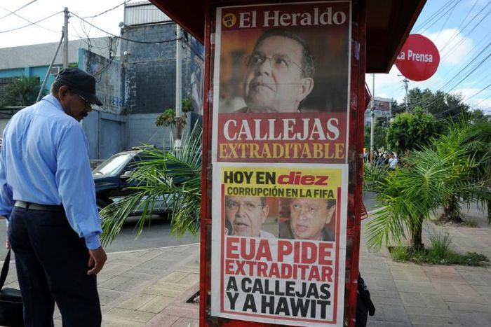 Newspaper in 2015 showing an image of ex-FIFA vice president Alfredo Hawit, who has been allowed to leave jail
