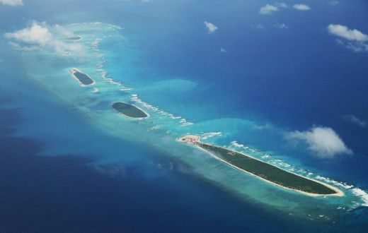 An aerial view of Qilianyu islands in the Paracel chain, which China considers part of Hainan province, as seen in August 2018