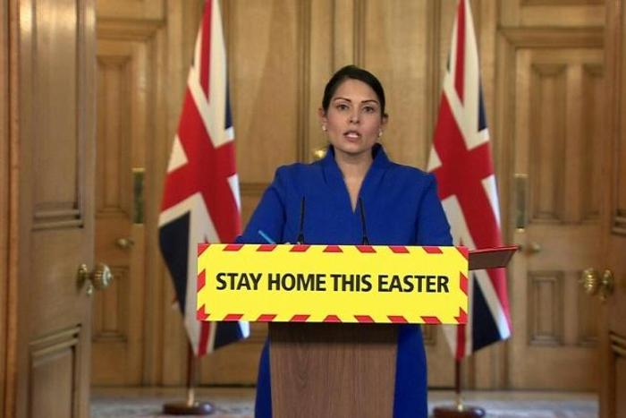 SOUNDBITE British Home Secretary Priti Patel announces another 917 deaths in hospital due to coronavirus, bringing the country's total toll close to 10,000.