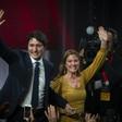 Canadian Prime Minister Justin Trudeau and his wife Sophie Gregoire a re seen in this file photo celebrating his election victory on October 21, 2019; she recently recovered from COVID-19; he remains in self-imposed isolation