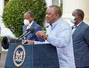 President Uhuru Kenyatta with CSs Dr Fred Matiang'i (Interior) and Mutahi Kagwe (Health) during an address to the nation on May 23, 2020
