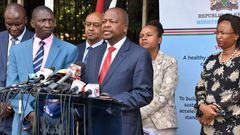 Health CS Mutahi Kagwe flanked by other government officials at a recent Covid-19 press conference