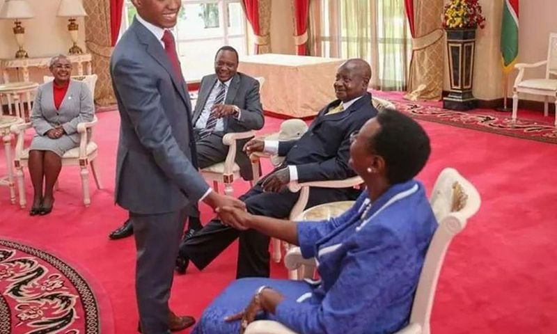 Muhoho Kenyatta, President Uhuru Kenyatta's son greets Uganda's First Lady Janet Museveni during a past state visit at State House Nairobi