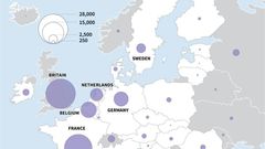 Map  of Europe showing COVID-19 deaths per country.