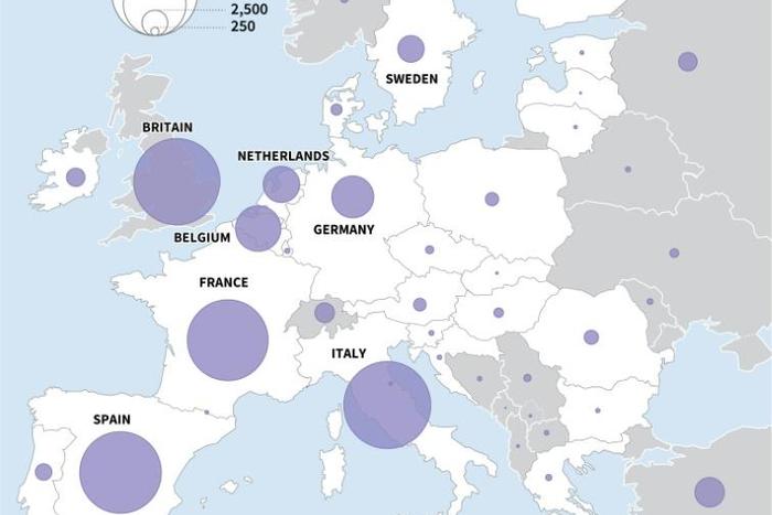 Map  of Europe showing COVID-19 deaths per country.