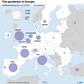 Map  of Europe showing COVID-19 deaths per country.