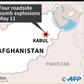 Map of Afghanistan locating Kabul where four roadside bombs exploded on Monday