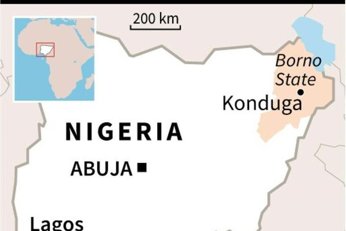 Map locating the state of Borno in Nigeria, where dozens of soldiers were killed when their convoy was attacked by jihadists