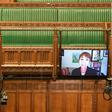 A handout photograph from the UK Parliament shows Green Party MP Caroline Lucas speaking via video link during Prime Minister's Questions in the House of Commons in London.