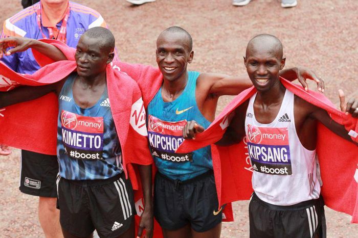 Eliud Kipchoge, Wilson Kipsang and Dennis Kimetto after the London Marathon