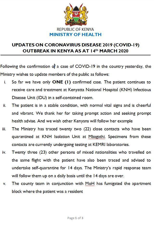 Updates of the Cornavirus situation in Kenya