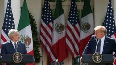 US President Donald Trump (right) and Mexican President Andres Manuel Lopez Obrador hold a joint press conference in the Rose Garden of the White House on July 8, 2020