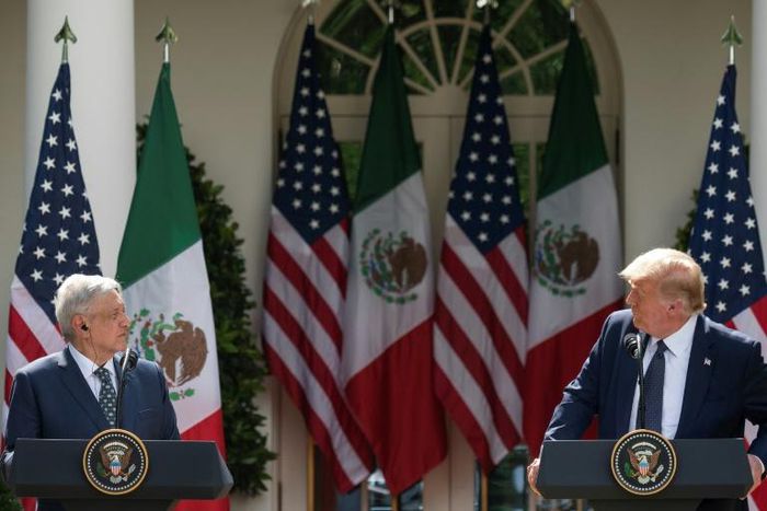 US President Donald Trump (right) and Mexican President Andres Manuel Lopez Obrador hold a joint press conference in the Rose Garden of the White House on July 8, 2020