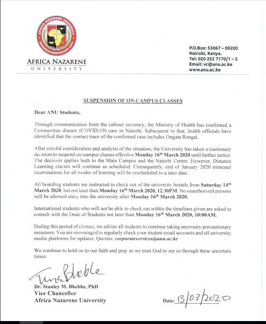 Africa Nazarene University closes over Coronavirus scare