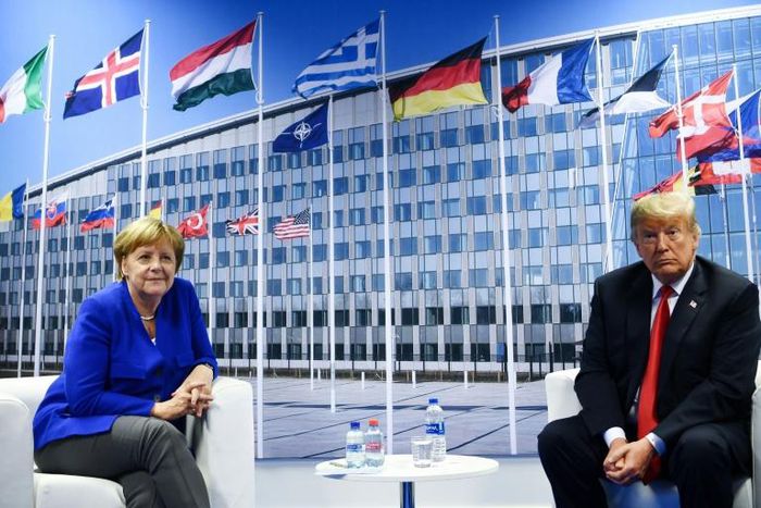 France has complained about the incident in which it says one of its ships was subjected to radar targeting by Turkish frigates; pictured July 11, 2018 are German Chancellor Angela Merkel (L) and US President Donald Trump (R) after a NATO summit  in Br...