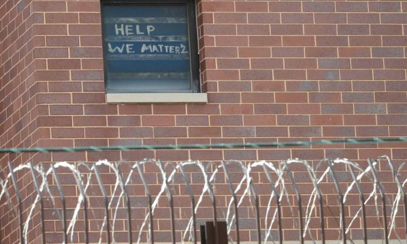 "Help we matter 2" written in a window at the Chicago Cook County Department of Corrections, housing one of largest US jails, amid a coronavirus outbreak among inmates and staff