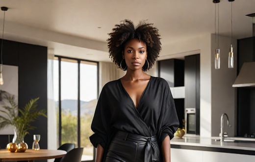 An Ai generated image of a black woman wearing modern fashionable clothes in a modern house( Source Hotpot.ai)