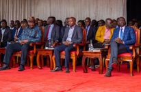 Former President Uhuru Kenyatta greeting President William Ruto during Ordination and Installation ceremony of Bishop Peter Kimani in Embu