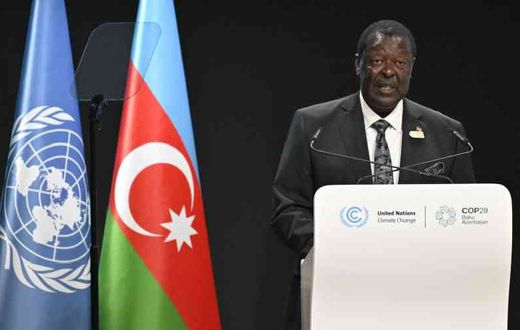 Prime cabinet Secretary Wycliffe Musalia Mudavadi gives a speech during the United Nations Climate Change Conference (COP29) in Baku on November 13, 2024