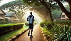 A serene early morning image of a man jogging in a quiet neighbourhood park