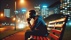 A reflective scene of a Kenyan man sitting alone on a park bench at night, surrounded by soft city light. He appears thoughtful, gazing at the night