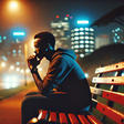 A reflective scene of a Kenyan man sitting alone on a park bench at night, surrounded by soft city light. He appears thoughtful, gazing at the night