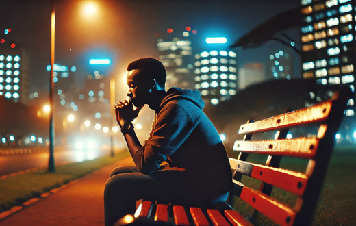 A reflective scene of a Kenyan man sitting alone on a park bench at night, surrounded by soft city light. He appears thoughtful, gazing at the night