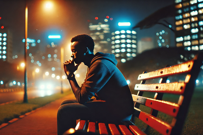 A reflective scene of a Kenyan man sitting alone on a park bench at night, surrounded by soft city light. He appears thoughtful, gazing at the night