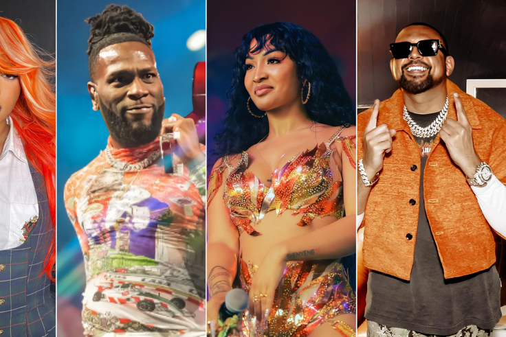 A collage of Uncle Waffles, Burna Boy, Shenseea and Sean Paul