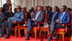 Former President Uhuru Kenyatta greeting President William Ruto during Ordination and Installation ceremony of Bishop Peter Kimani in Embu