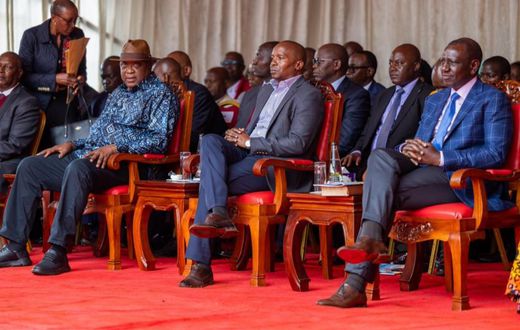 Former President Uhuru Kenyatta greeting President William Ruto during Ordination and Installation ceremony of Bishop Peter Kimani in Embu